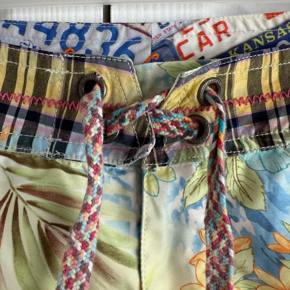 Robert Graham Swim Trunks 38 Patchwork Hawaiian Floral Plaid Surf‎ Beach Shorts